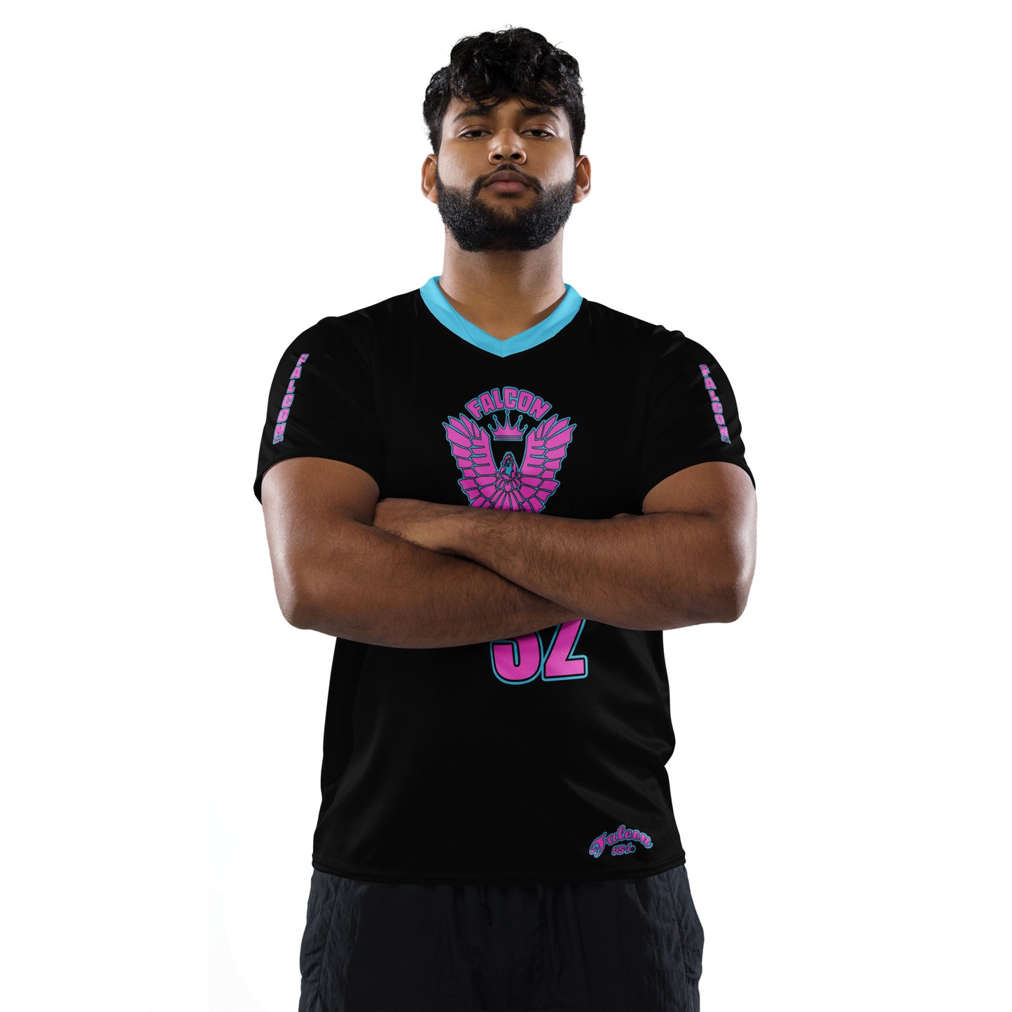 Recycled unisex sports jersey- Pink Falcon Logo- on Black