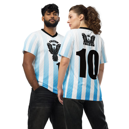 Recycled unisex sports jersey- Black Falcon Logo on White\ Blue