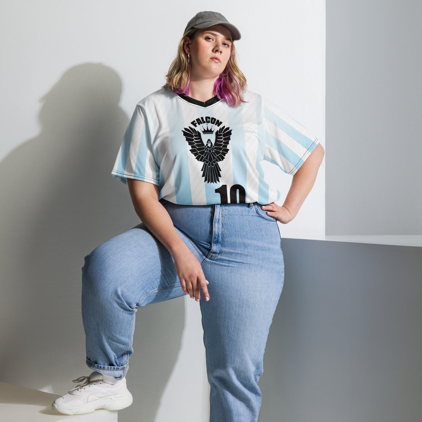 Recycled unisex sports jersey- Black Falcon Logo on White\ Blue