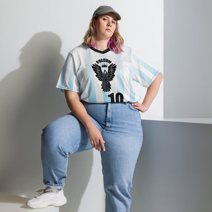 Recycled unisex sports jersey- Black Falcon Logo on White\ Blue