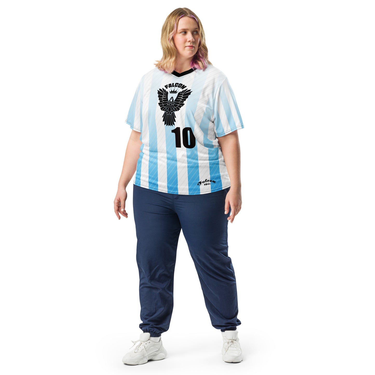 Recycled unisex sports jersey- Black Falcon Logo on White\ Blue