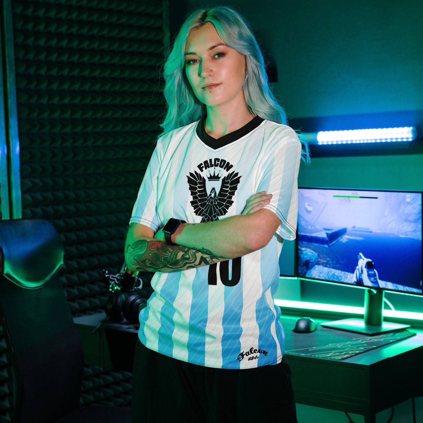Recycled unisex sports jersey- Black Falcon Logo on White\ Blue