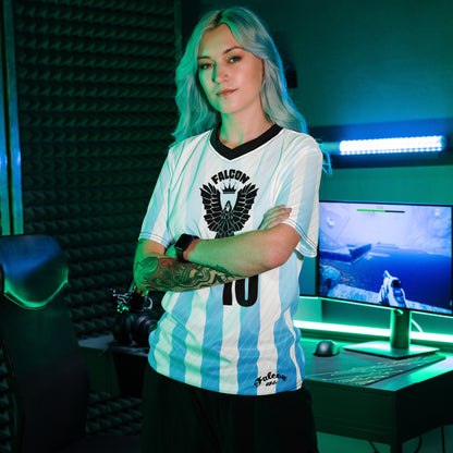 Recycled unisex sports jersey- Black Falcon Logo on White\ Blue