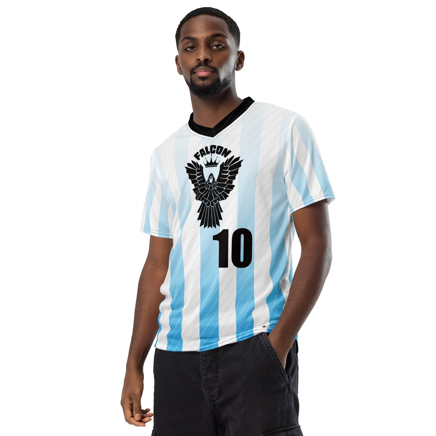 Recycled unisex sports jersey- Black Falcon Logo on White\ Blue
