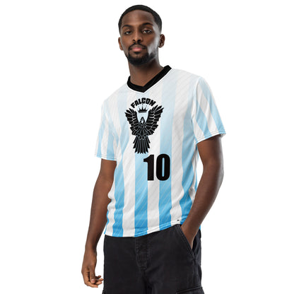 Recycled unisex sports jersey- Black Falcon Logo on White\ Blue