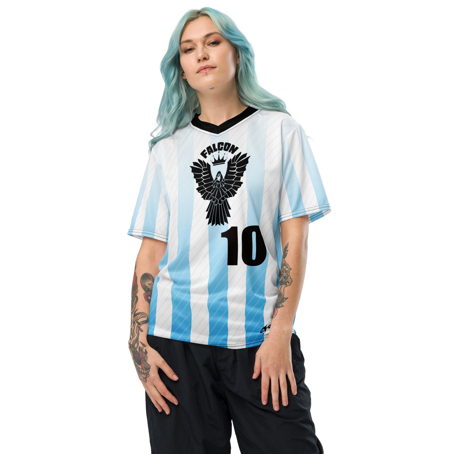 Recycled unisex sports jersey- Black Falcon Logo on White\ Blue