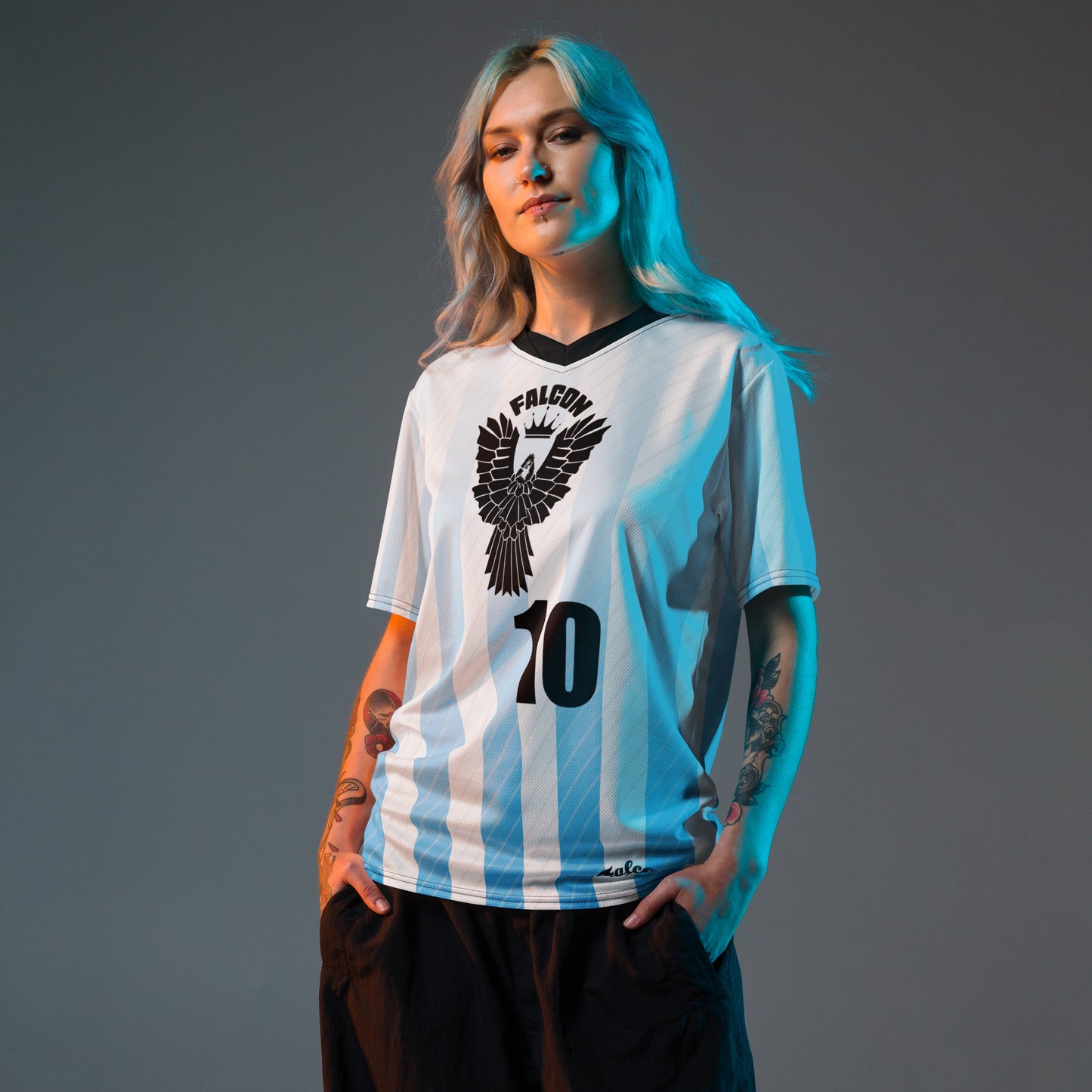 Recycled unisex sports jersey- Black Falcon Logo on White\ Blue