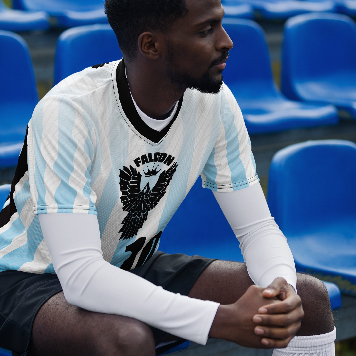 Recycled unisex sports jersey- Black Falcon Logo on White\ Blue