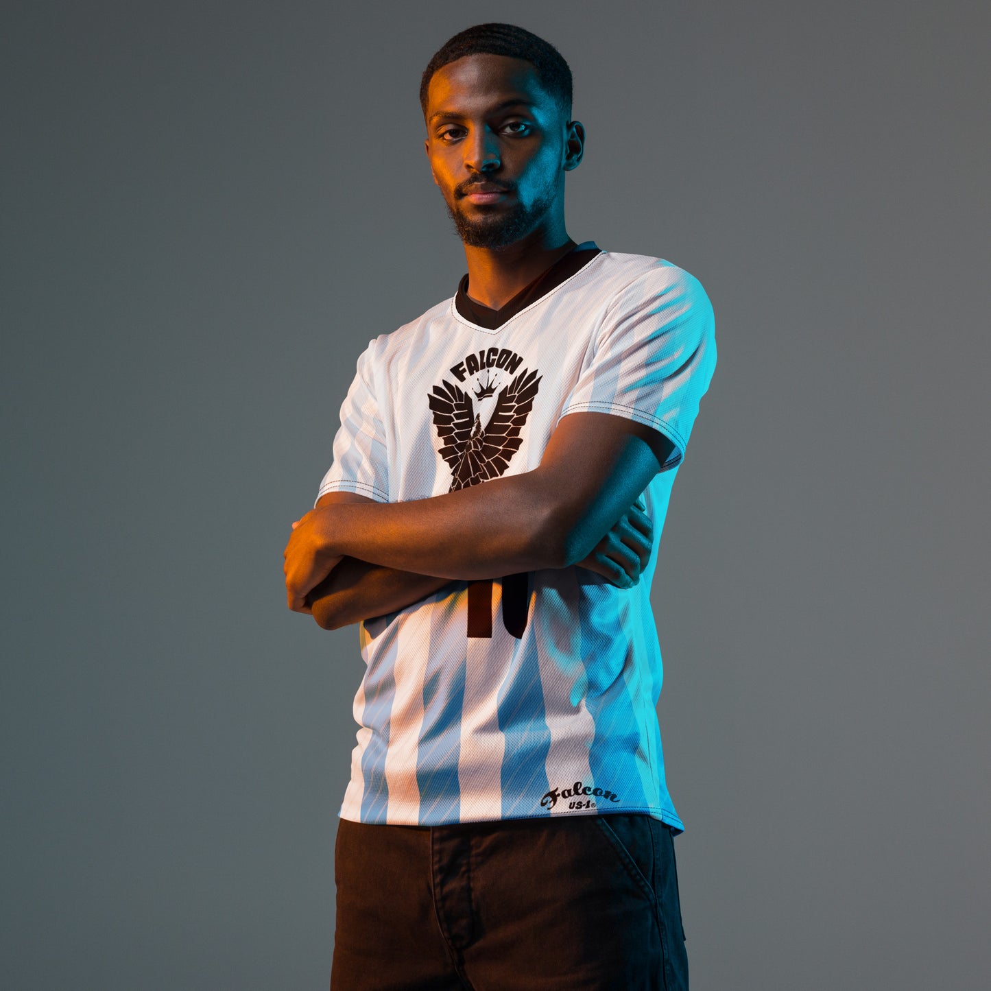 Recycled unisex sports jersey- Black Falcon Logo on White\ Blue