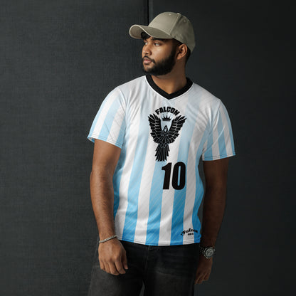 Recycled unisex sports jersey- Black Falcon Logo on White\ Blue