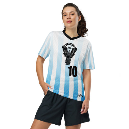 Recycled unisex sports jersey- Black Falcon Logo on White\ Blue
