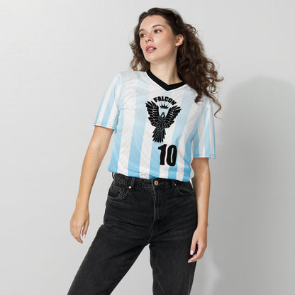 Recycled unisex sports jersey- Black Falcon Logo on White\ Blue