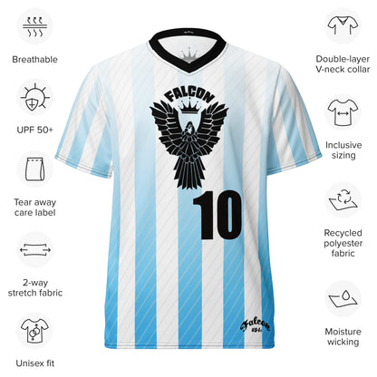 Recycled unisex sports jersey- Black Falcon Logo on White\ Blue