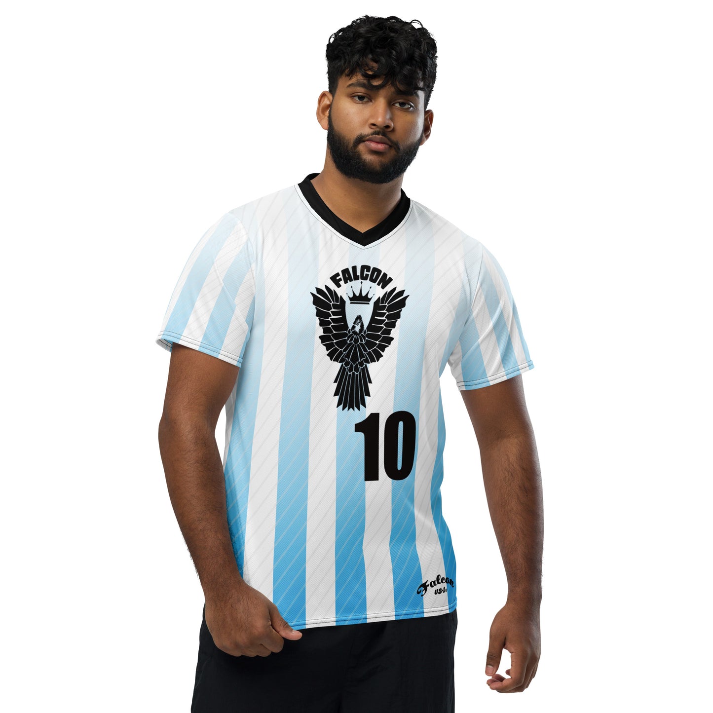 Recycled unisex sports jersey- Black Falcon Logo on White\ Blue