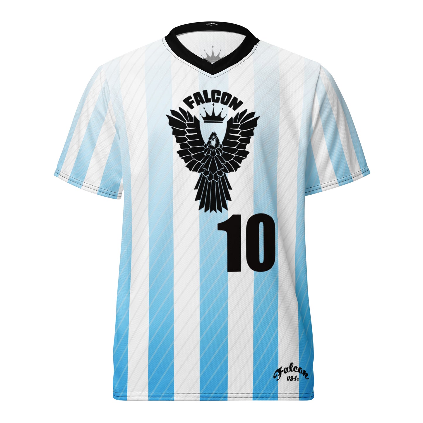 Recycled unisex sports jersey- Black Falcon Logo on White\ Blue