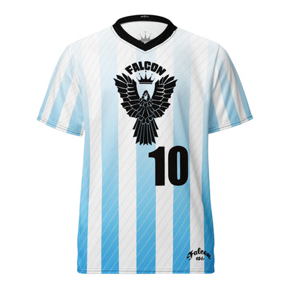 Recycled unisex sports jersey- Black Falcon Logo on White\ Blue