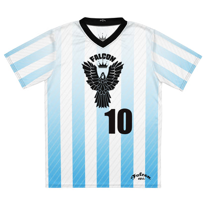Recycled unisex sports jersey- Black Falcon Logo on White\ Blue