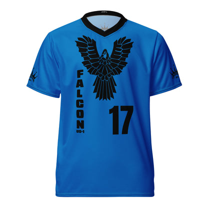 Recycled unisex sports jersey- Black Falcon Logo on Blue