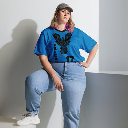Recycled unisex sports jersey- Black Falcon Logo on Blue