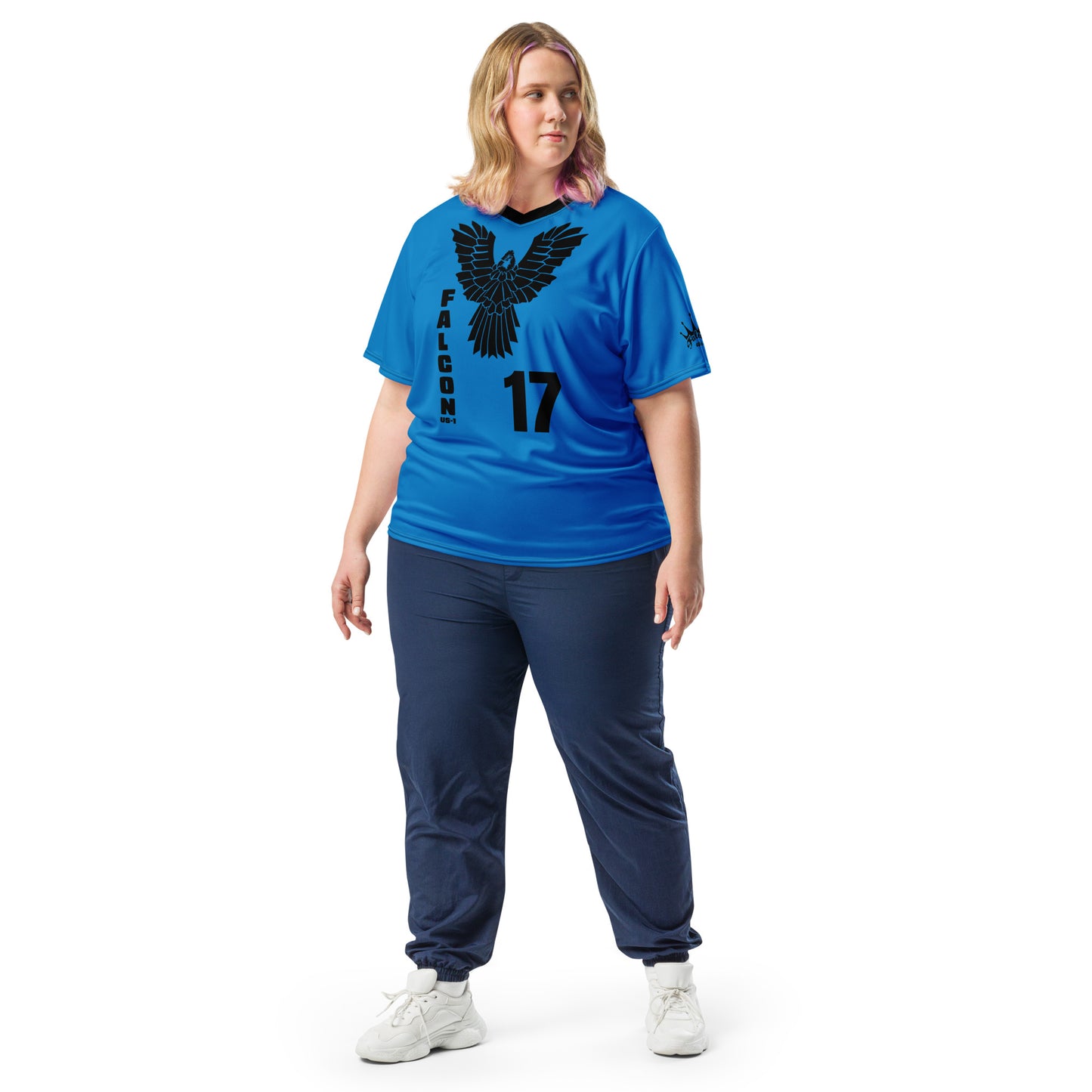 Recycled unisex sports jersey- Black Falcon Logo on Blue