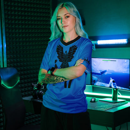Recycled unisex sports jersey- Black Falcon Logo on Blue