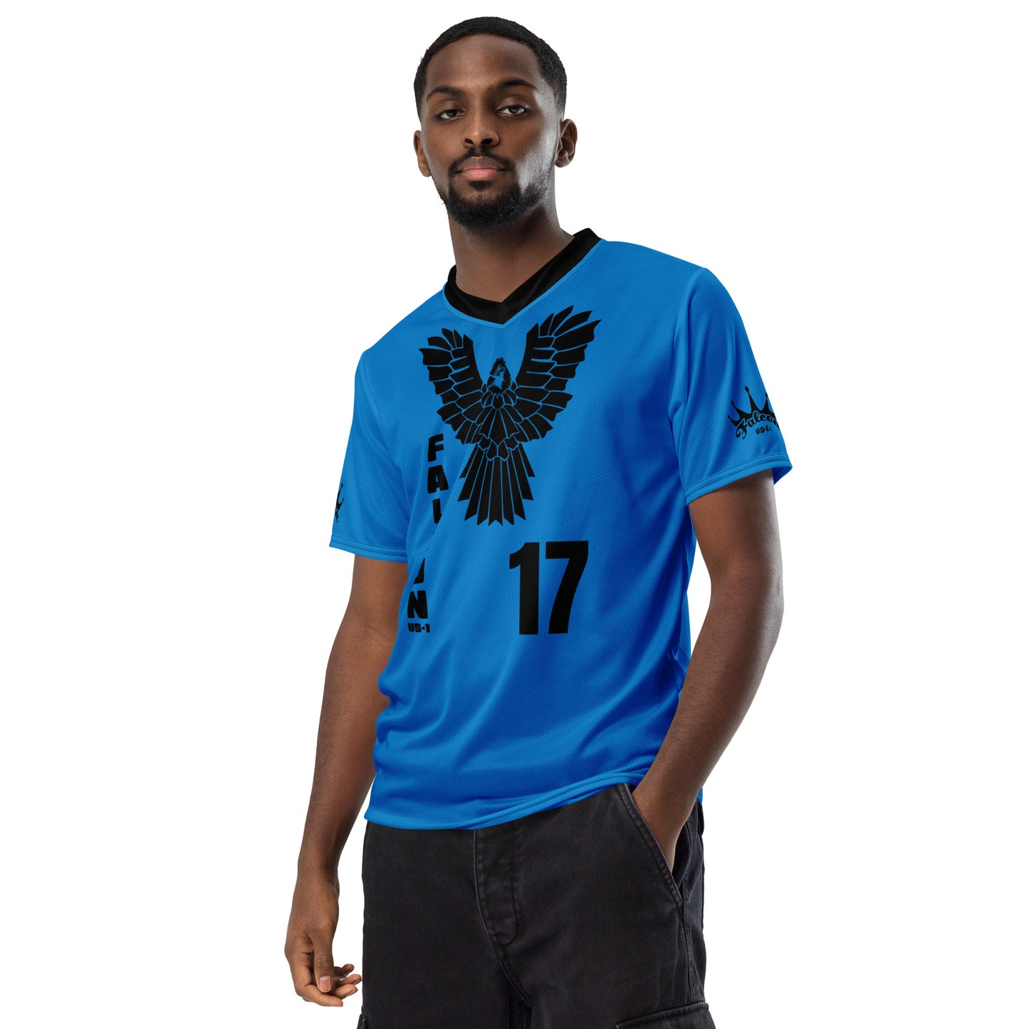 Recycled unisex sports jersey- Black Falcon Logo on Blue