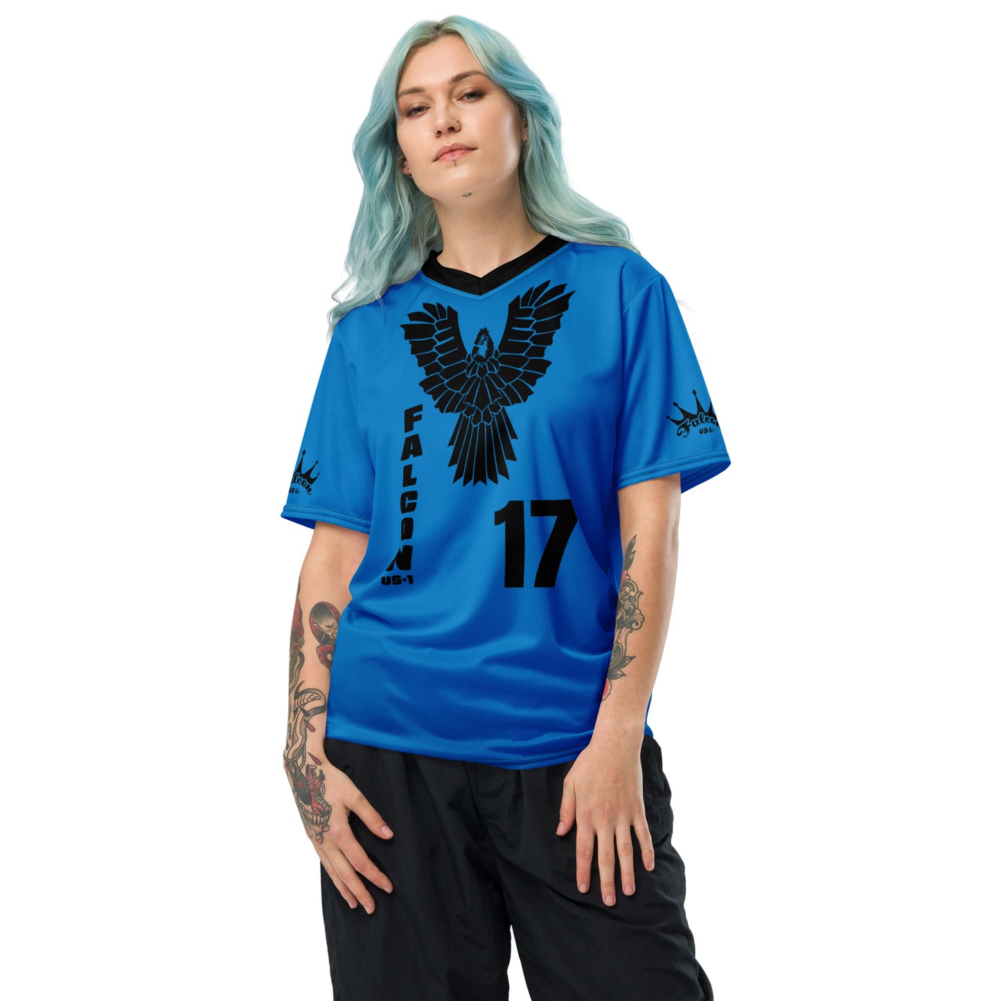 Recycled unisex sports jersey- Black Falcon Logo on Blue