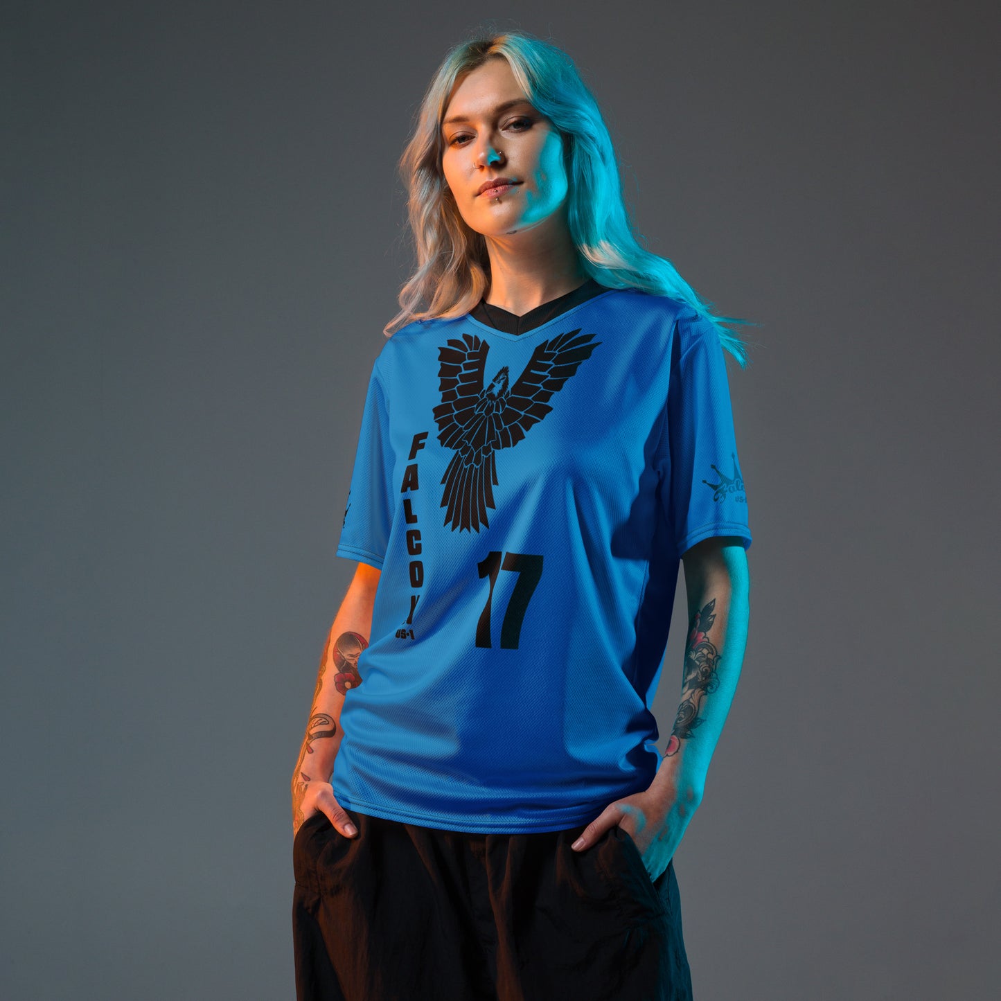 Recycled unisex sports jersey- Black Falcon Logo on Blue