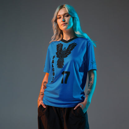 Recycled unisex sports jersey- Black Falcon Logo on Blue
