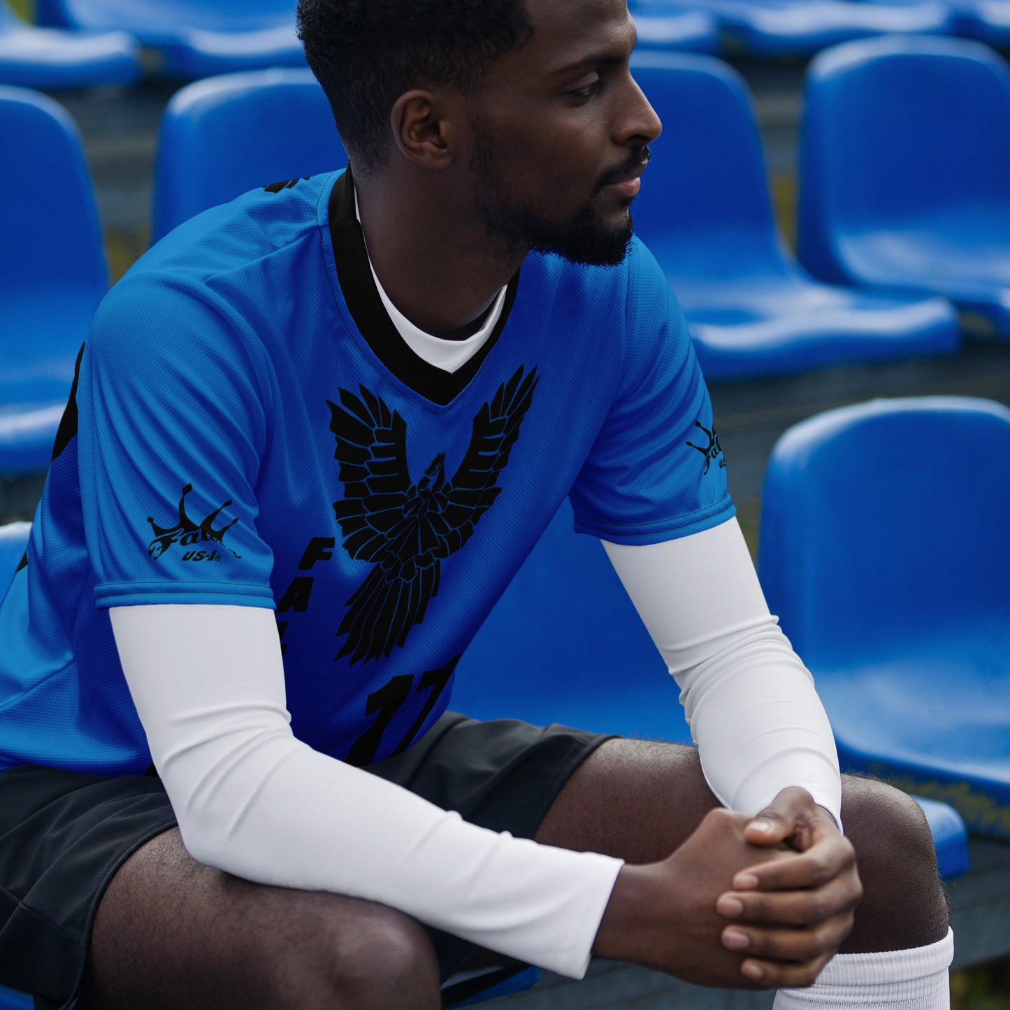 Recycled unisex sports jersey- Black Falcon Logo on Blue