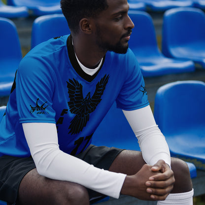 Recycled unisex sports jersey- Black Falcon Logo on Blue