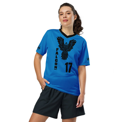 Recycled unisex sports jersey- Black Falcon Logo on Blue