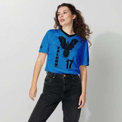 Recycled unisex sports jersey- Black Falcon Logo on Blue