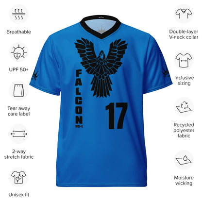 Recycled unisex sports jersey- Black Falcon Logo on Blue