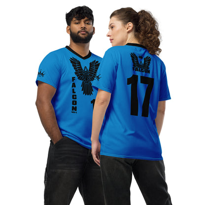 Recycled unisex sports jersey- Black Falcon Logo on Blue