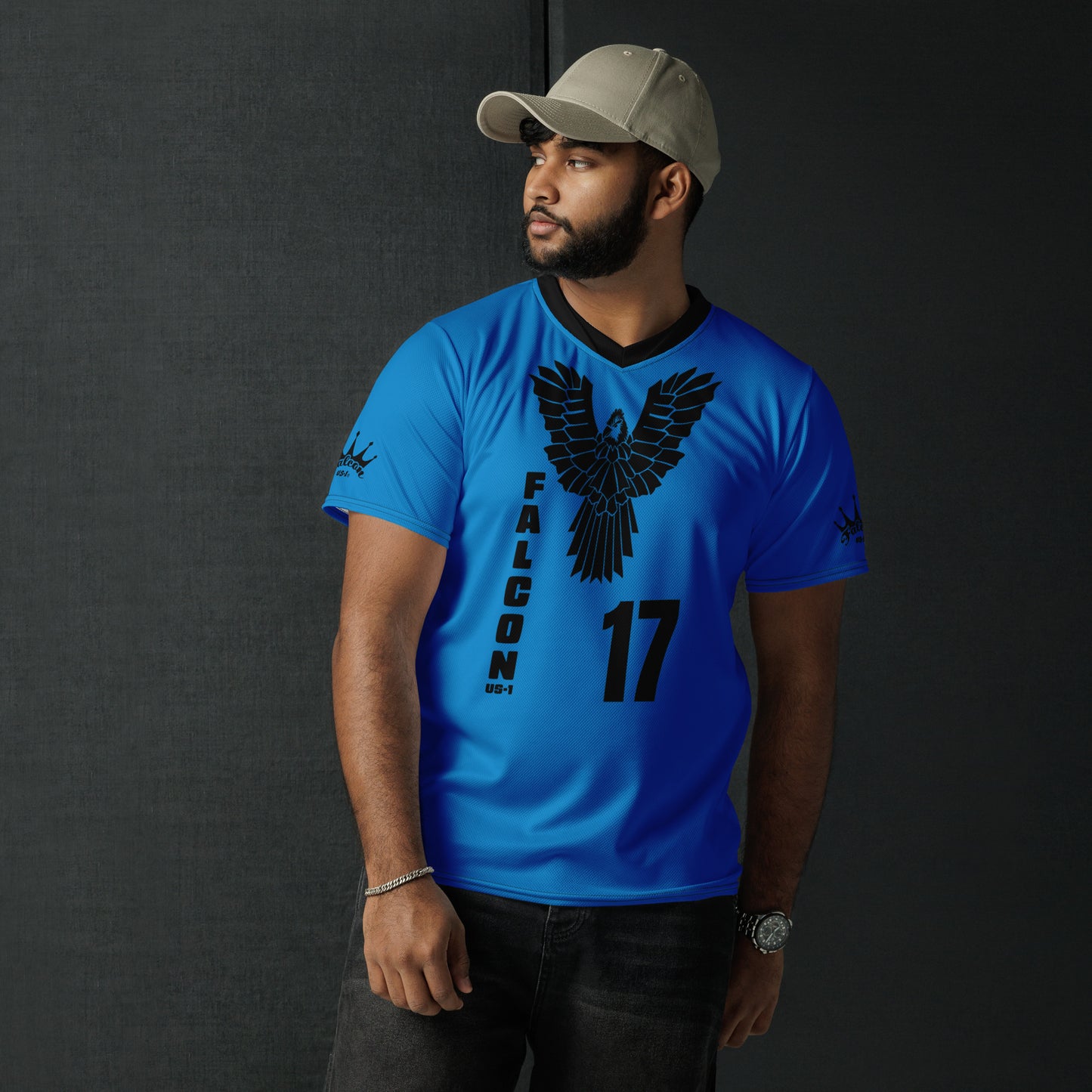 Recycled unisex sports jersey- Black Falcon Logo on Blue
