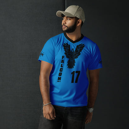 Recycled unisex sports jersey- Black Falcon Logo on Blue