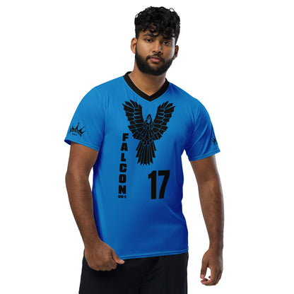 Recycled unisex sports jersey- Black Falcon Logo on Blue