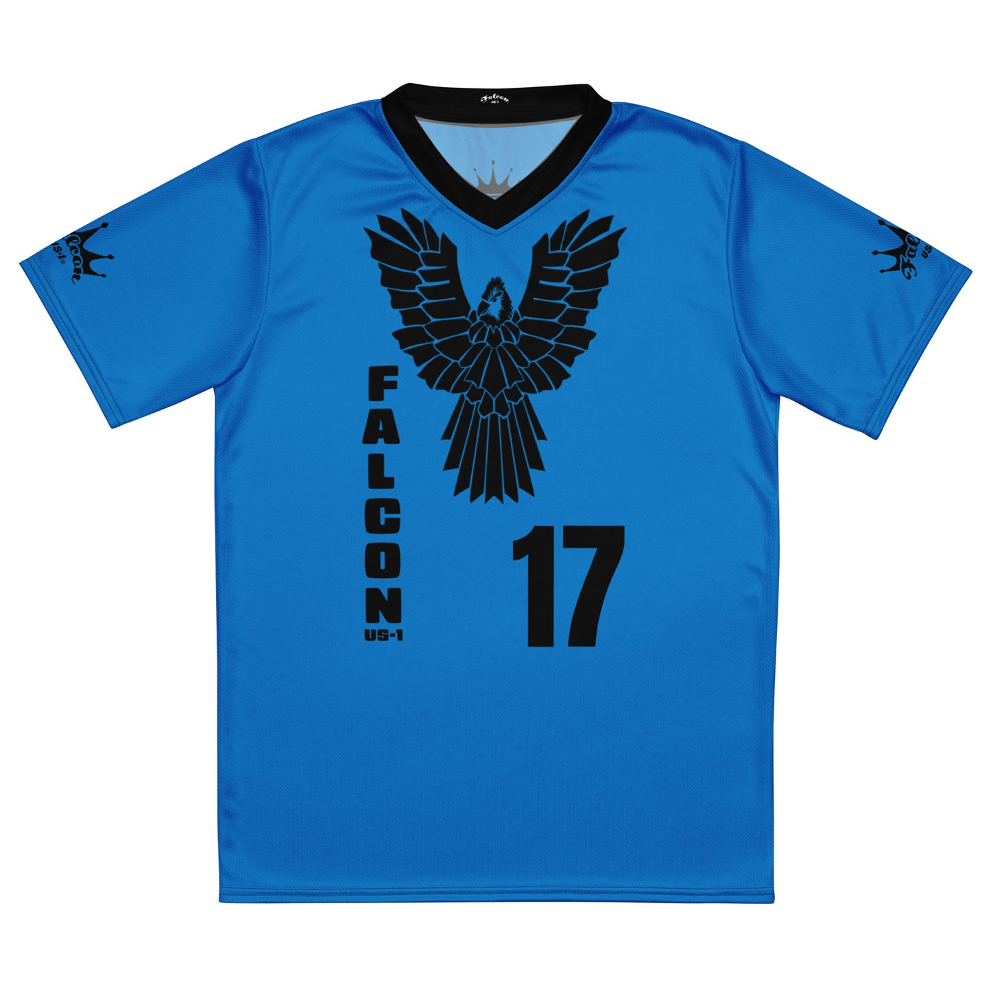 Recycled unisex sports jersey- Black Falcon Logo on Blue