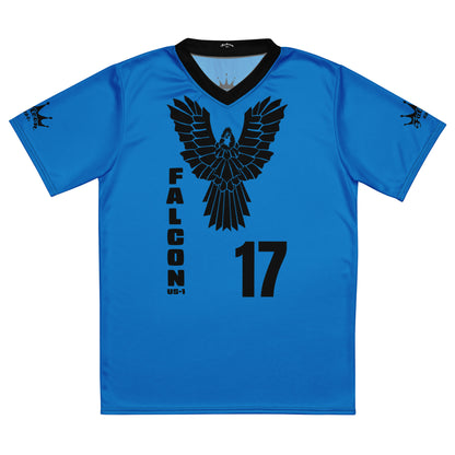 Recycled unisex sports jersey- Black Falcon Logo on Blue