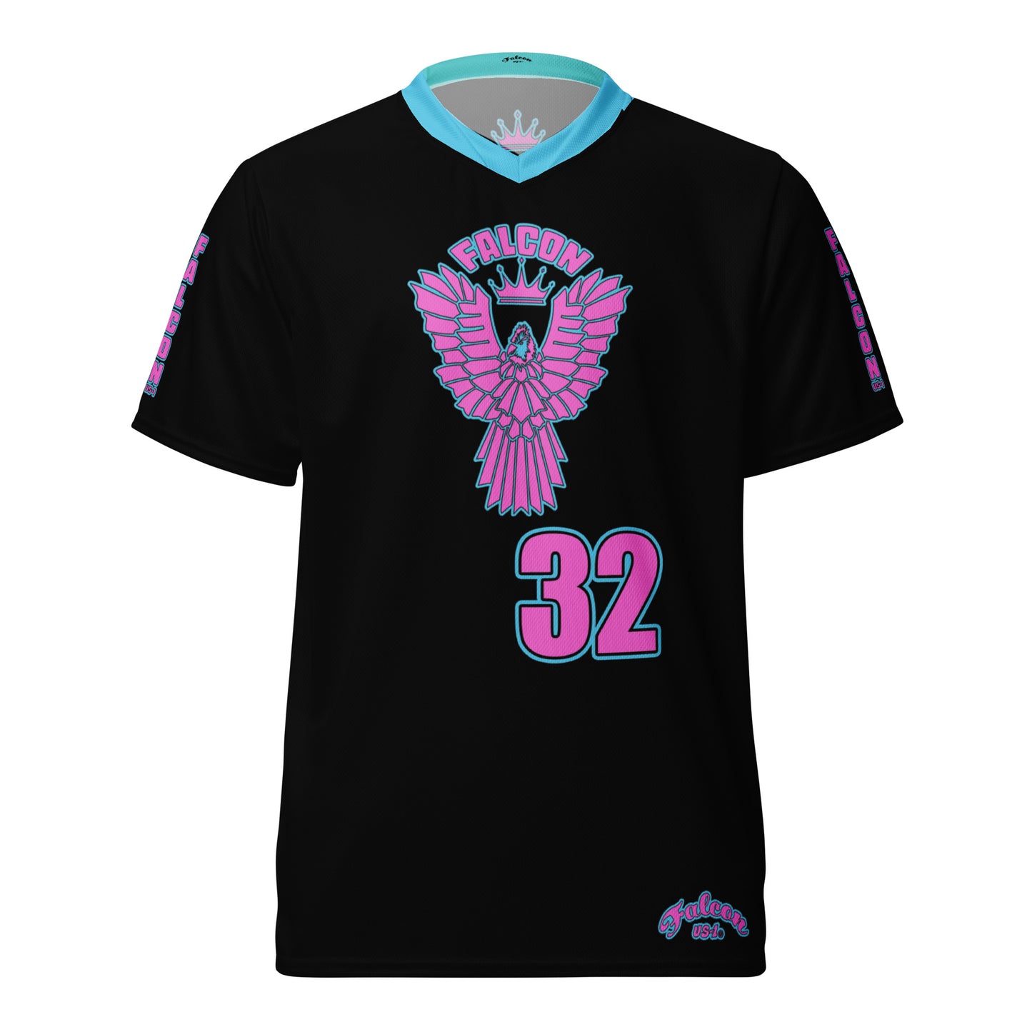 Recycled unisex sports jersey- Pink Falcon Logo- on Black