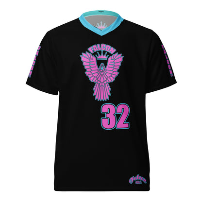 Recycled unisex sports jersey- Pink Falcon Logo- on Black