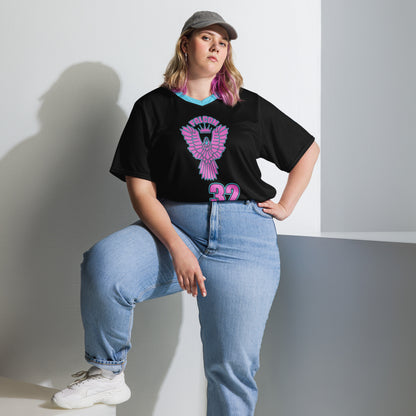 Recycled unisex sports jersey- Pink Falcon Logo- on Black