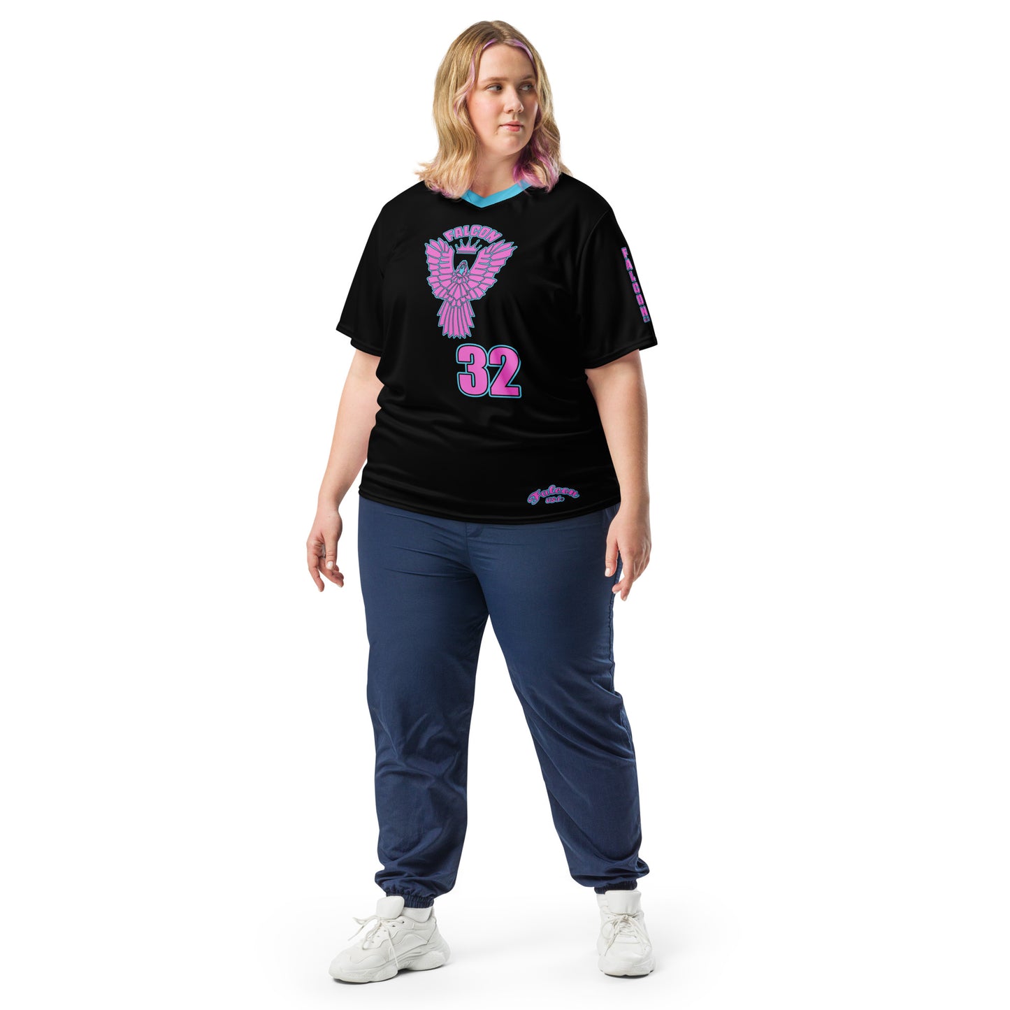 Recycled unisex sports jersey- Pink Falcon Logo- on Black