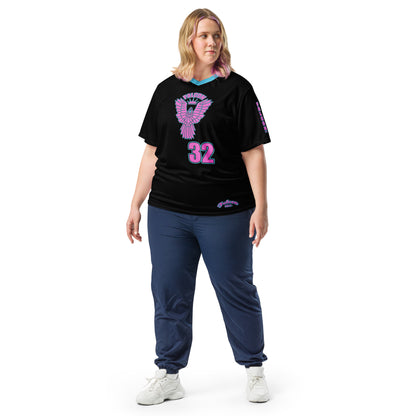 Recycled unisex sports jersey- Pink Falcon Logo- on Black