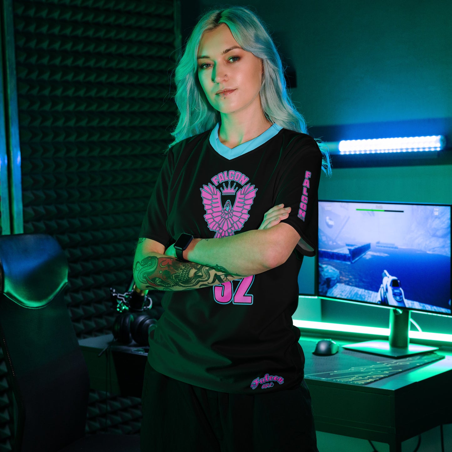 Recycled unisex sports jersey- Pink Falcon Logo- on Black