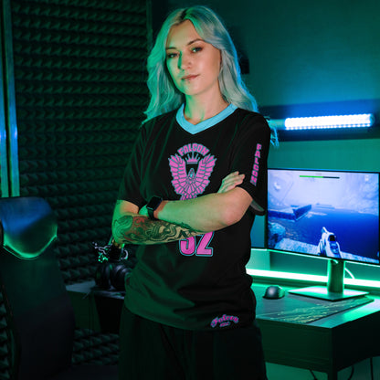 Recycled unisex sports jersey- Pink Falcon Logo- on Black