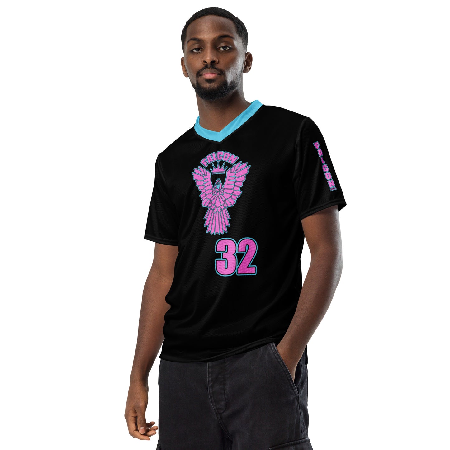 Recycled unisex sports jersey- Pink Falcon Logo- on Black