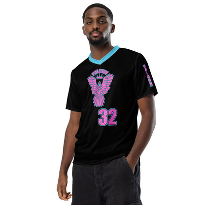 Recycled unisex sports jersey- Pink Falcon Logo- on Black