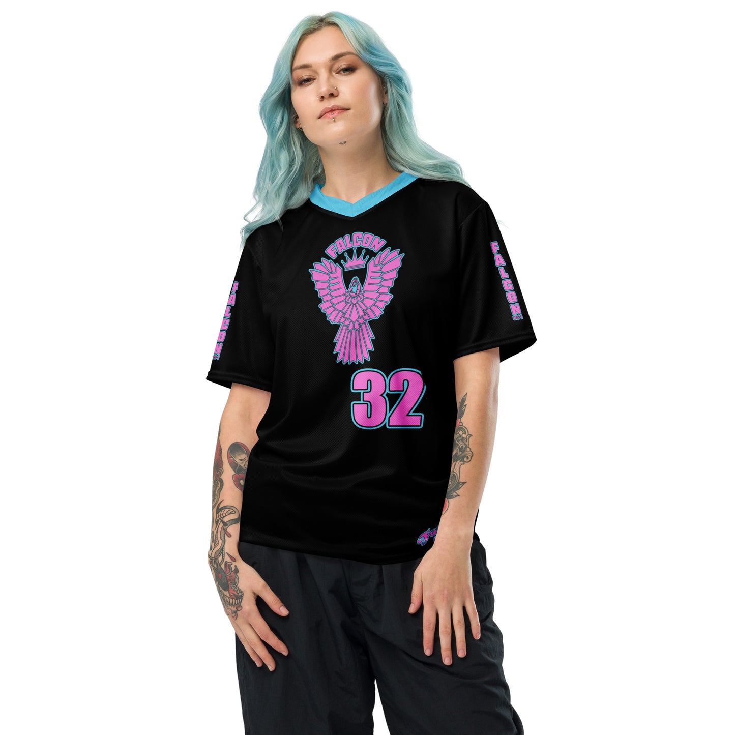 Recycled unisex sports jersey- Pink Falcon Logo- on Black